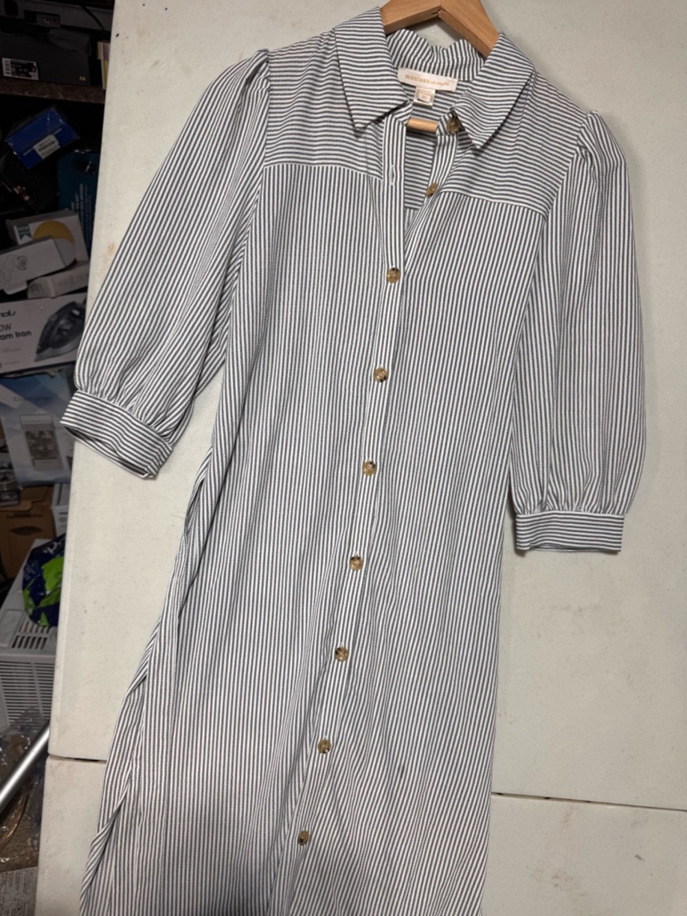 Monteau Navy and White Striped Button-Front Shirt Dress